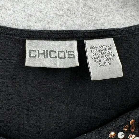 Chicos Top 3 (XL) Pullover Gauzy Sheer Black Elastic Waist Sequins Beaded Blouse - Picture 13 of 16